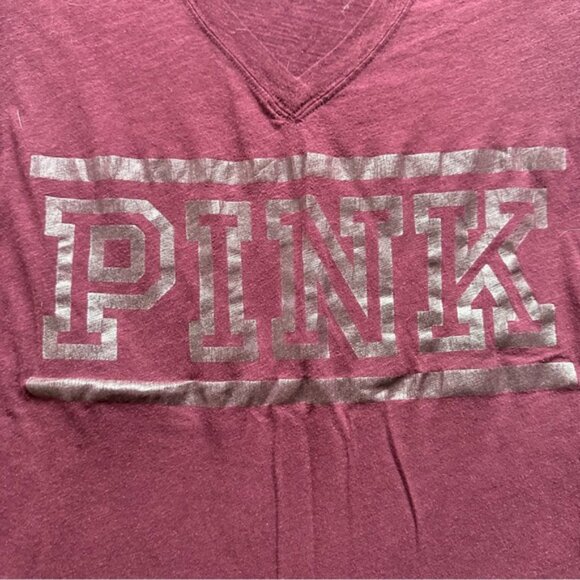 Victoria's Secret PINK | Maroon Logo Short Sleeve V-Neck Tee Shirt | Size Small - Picture 4 of 8